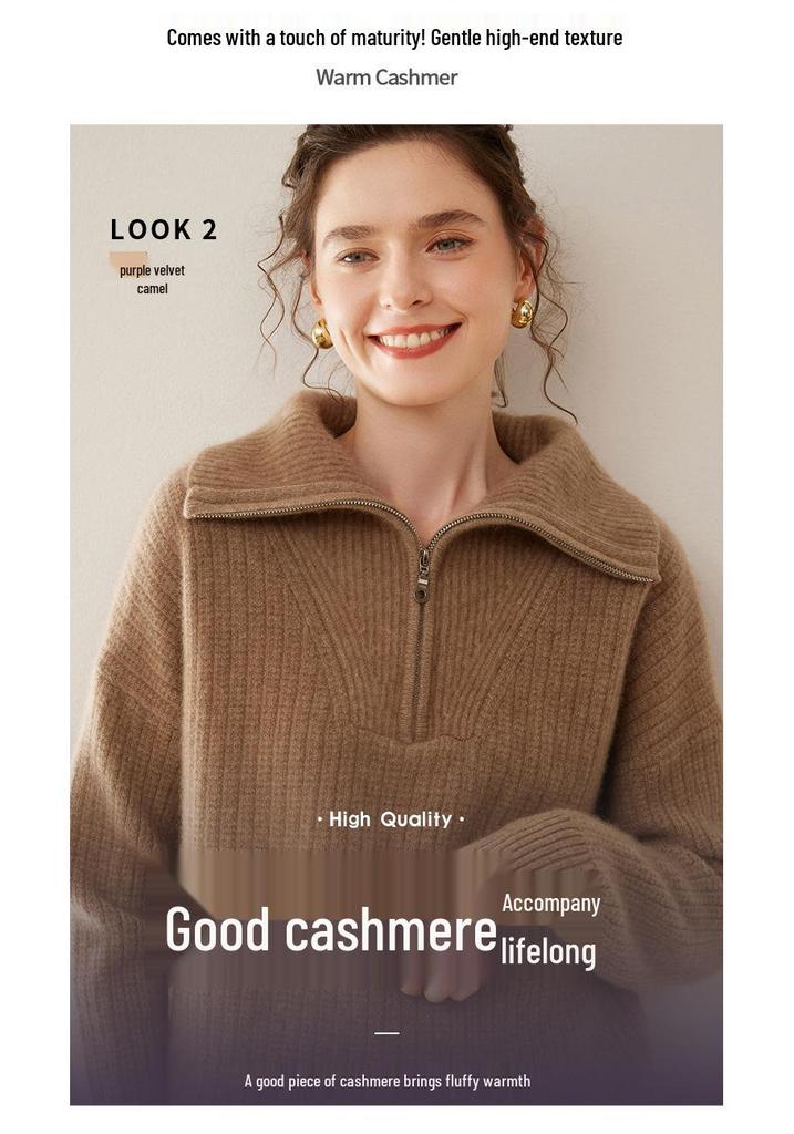 Women's High Neck Pure Cashmere Sweater, Half Zip, Loose Fit, Thickened Knit for Autumn/Winter Fashion.