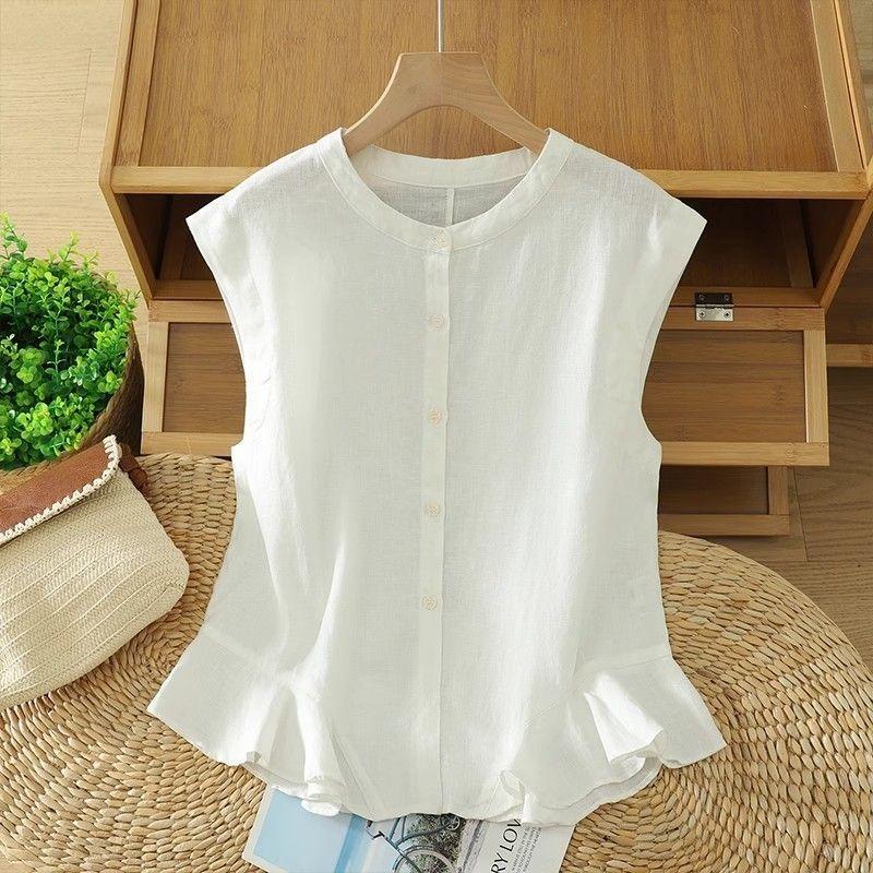 Ruffled Hem Cotton and Linen Sleeveless Shirt for Women Summer Design Thin Waistcoat Vest Flying Sleeve Cardigan Top