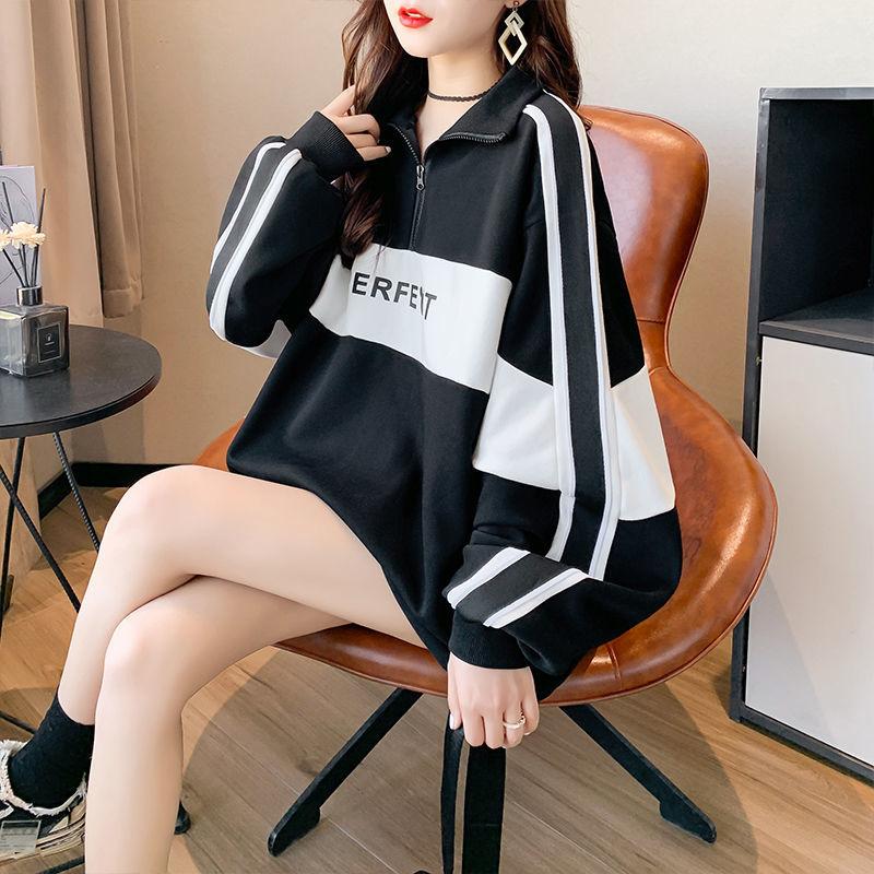 Plus Size Women Polo Collar Long Sleeve Sweatshirt Spring Autumn Loose Casual Zipper Hoodie Oversized Pullover Tops