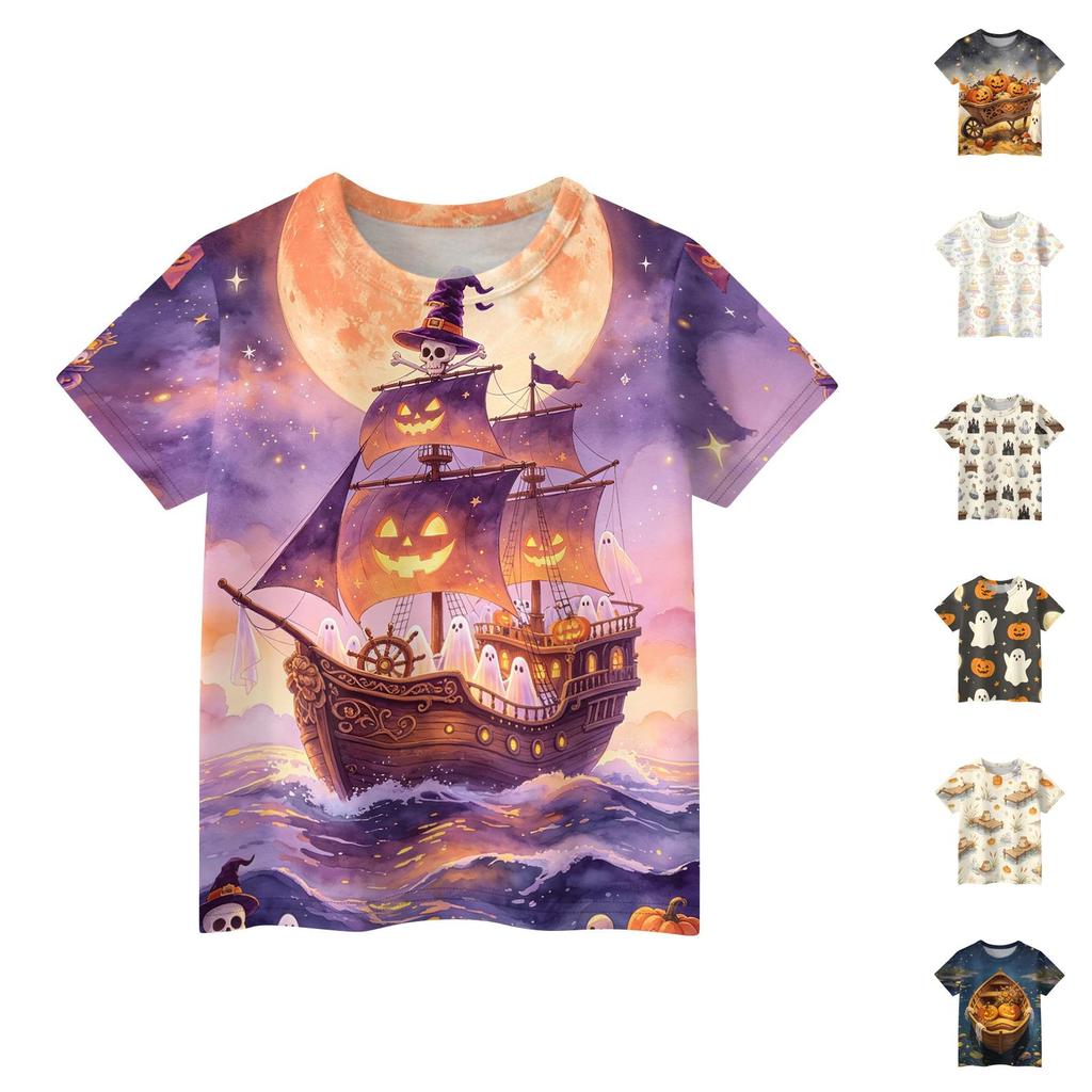 Kids Halloween Graphic T Shirt Short Sleeve Crew Neck Casual Tee Top with Pumpkin and Boat Print for Boys and Girls