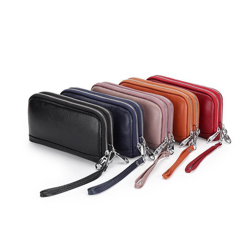 Women Genuine Leather Long Wristlet Clutch Purse 2 Layer Zipper Easy To Clean Phone Cash Bag for Mom Daily Use