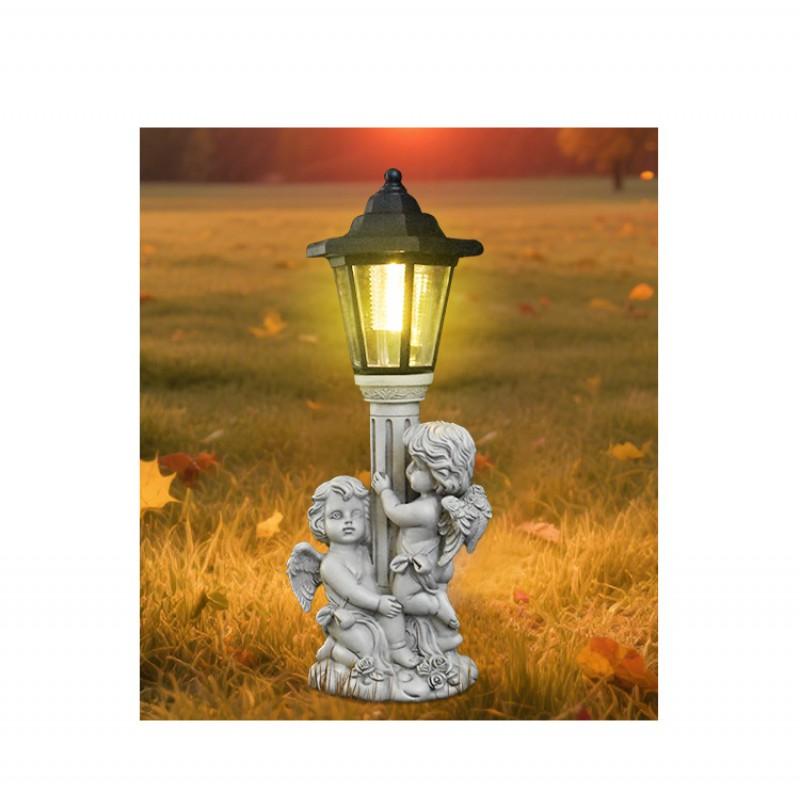 Engels-Gartenstatue mit Solarbetrieb und römischem Säulendesign, Outdoor-Rasen-Dekoration, Harz-Handwerk