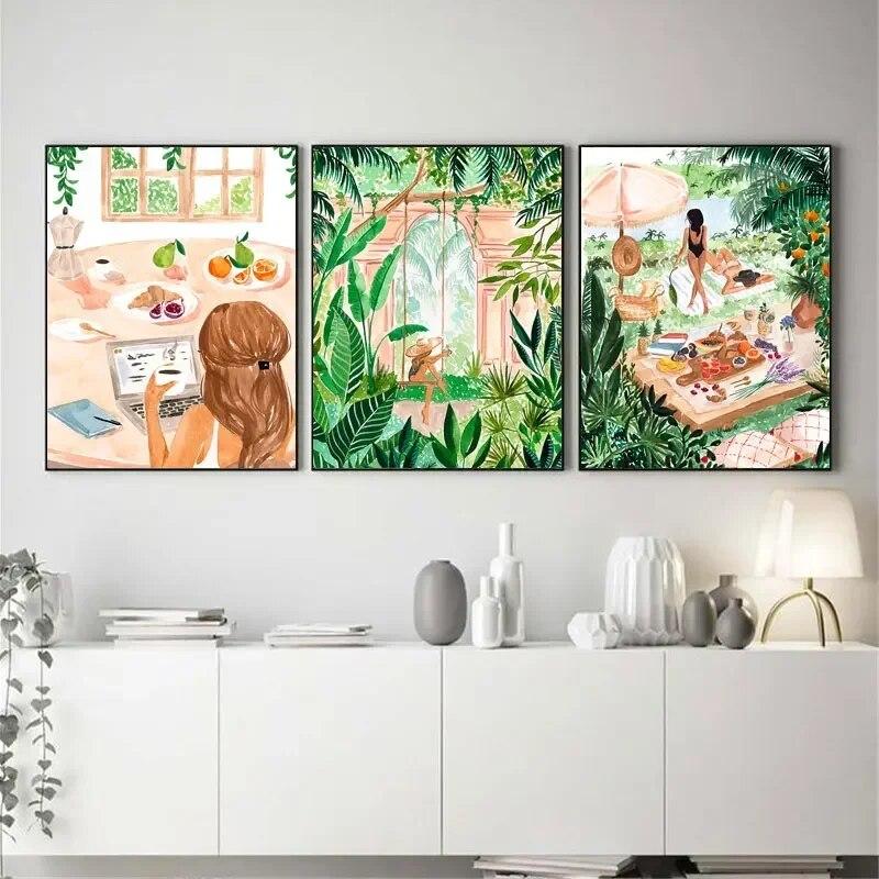 Beach Pool Moroccan Tropical Jungle Swing Meadow Wall Art Canvas Painting Posters and Prints Wall Pictures for Living Room Decor