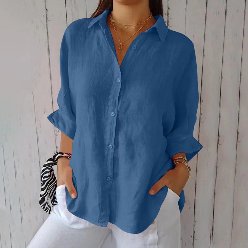 Women's Spring Cotton Linen Back Tie Design Shirt Polo Neck Single Breasted Women's Loose Casual Blouses Commute Daily Style
