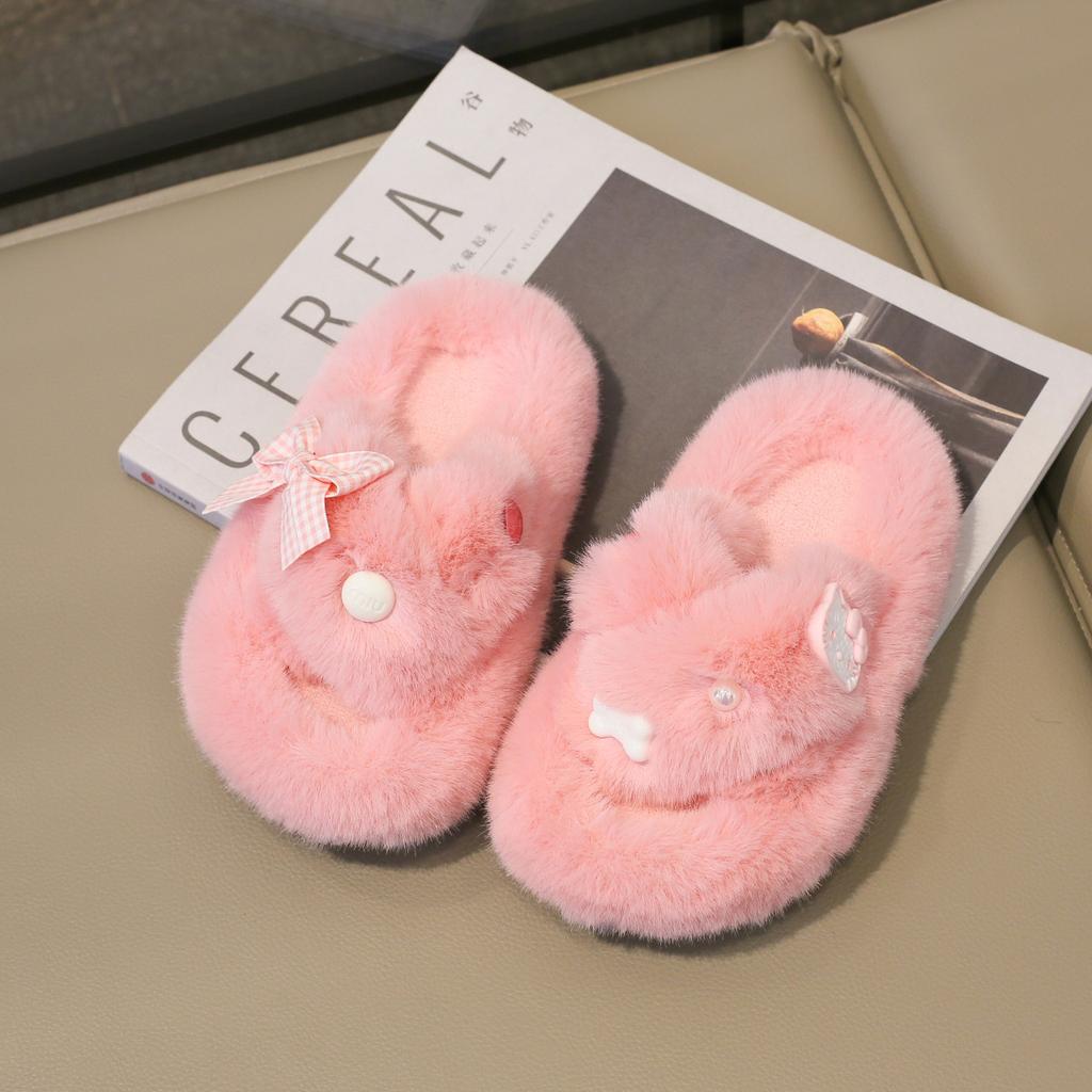 Children's Autumn and Winter New Korean Version Thick-bottomed Cartoon Fluffy Slippers Girls Wear Indoor Cute Slippers Plush
