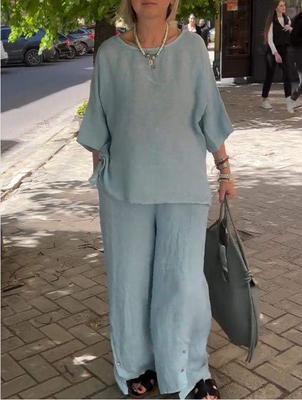 Ensemble de mode coton lin pour femmes 2024: Ensemble deux pièces décontracté à manches sept-huitièmes et pantalon large