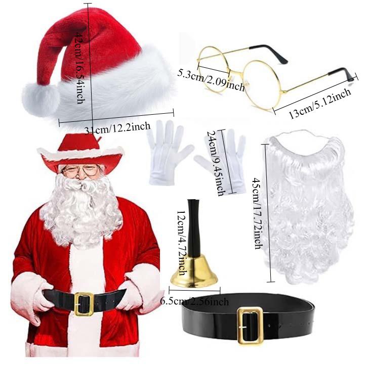 6pcs/set  Red Flannel Santa Hat Costume Set with White Beard Glasses Gloves Christmas Party Outfit Xmas Decoration Gift