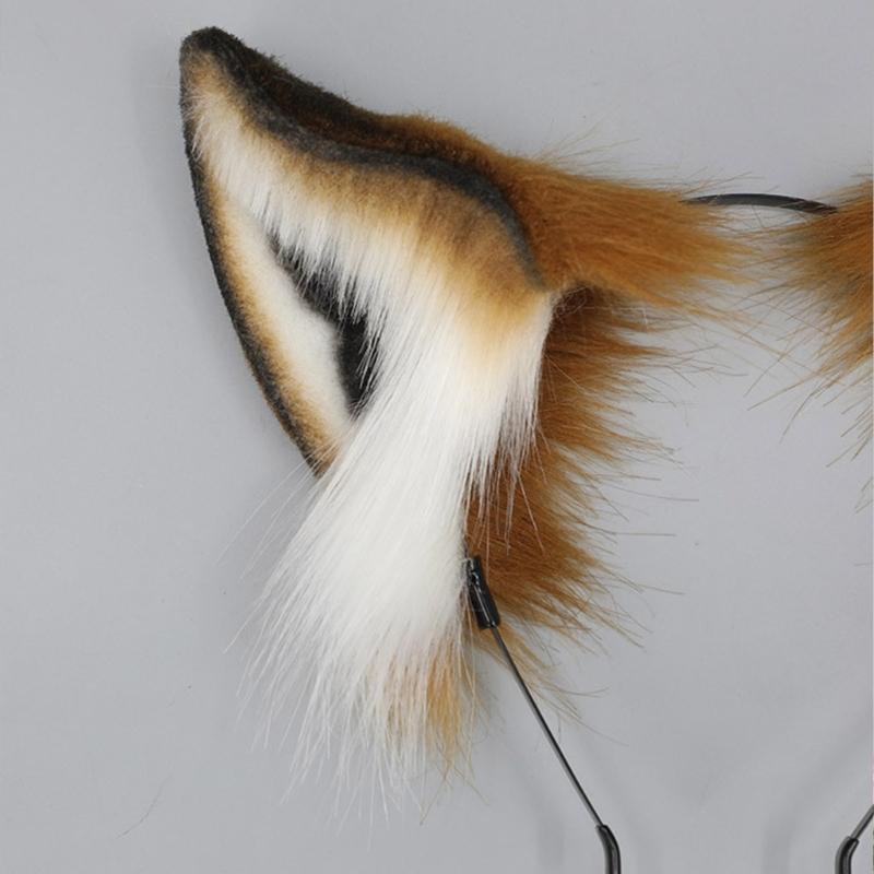 Fox Ears and Tail Set Furry Fox Ears Headband with Tail Halloween Cosplay Party Fox Costume Accessories for Kids-Adults