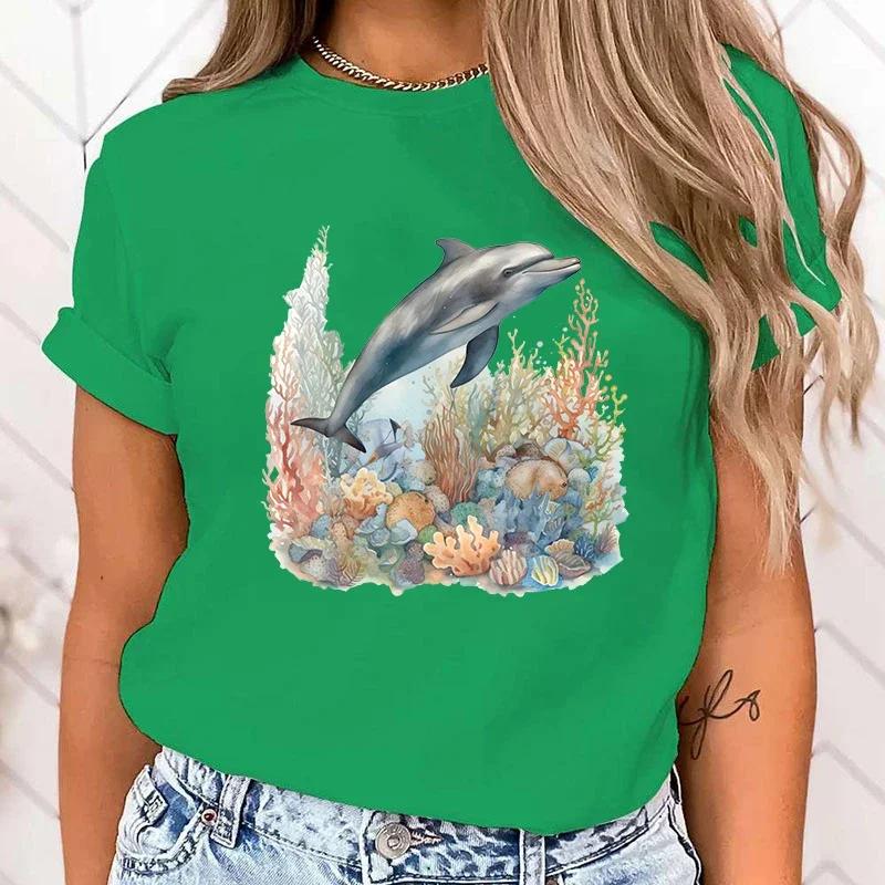 Premium T-shirt Funny Dolphin Print T-Shirts For Women Summer Round Neck Tee Shirt Femme Fashion Casual T-Shirts Fast Delivery