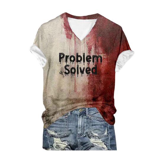 Halloween Blood Shirt Digital Print Blood Stains Text Tee Shirt Women V-neck Tops Casual Wear Funny Horror Clothes