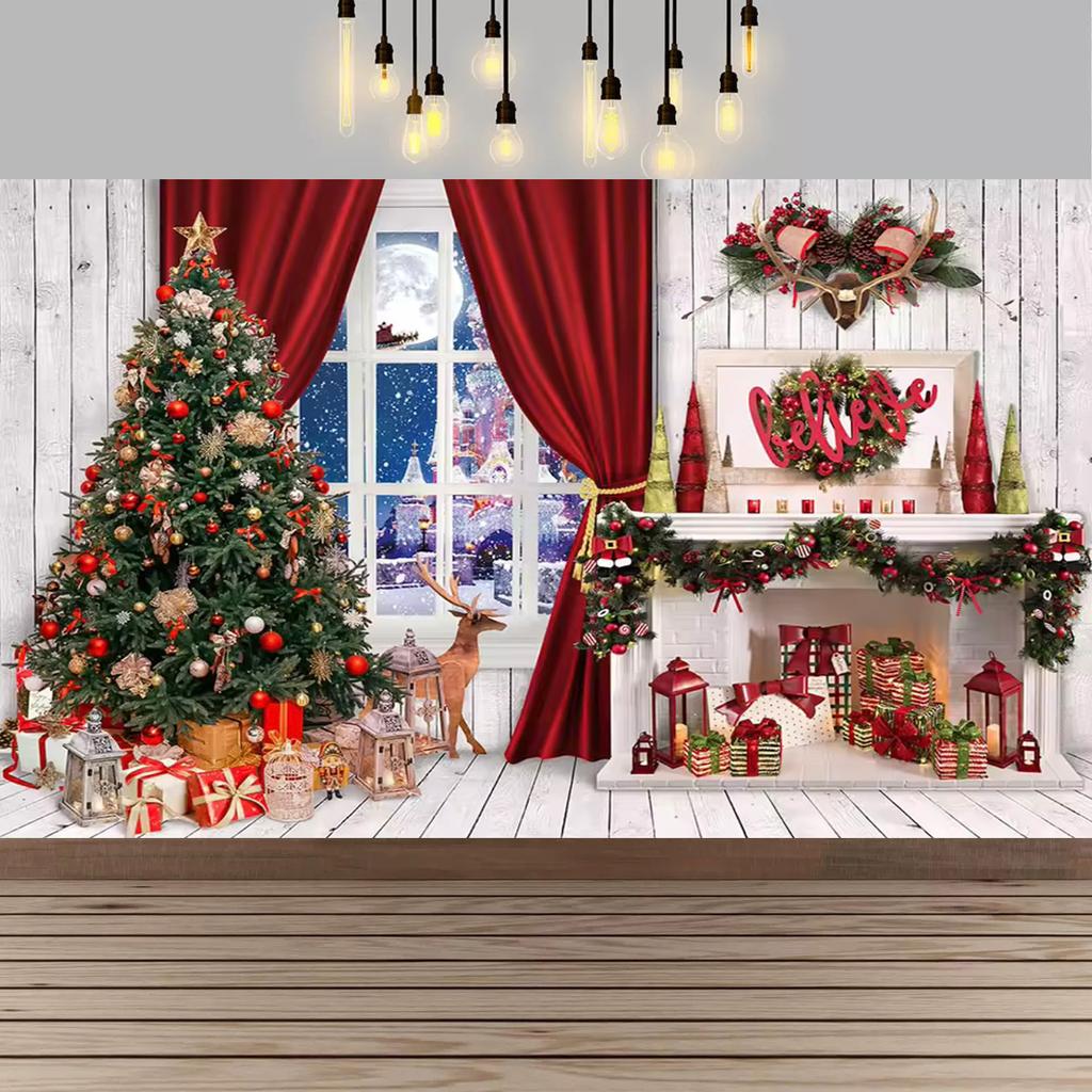 Christmas Red Curtain Decoration Backdrop Winter Snow Scenery Fireplace Santa Claus Photography Backdrop Holiday Party Supplies