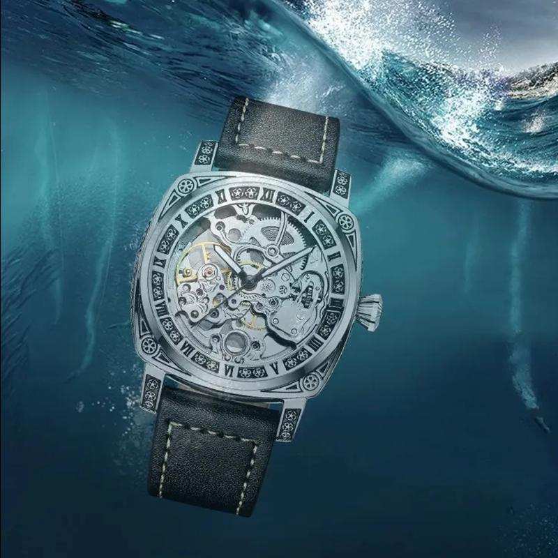 TEVISE Skelett Mechanische Uhr Herren Vintage Graviert Automatik Mechanische Armbanduhren Silber Edelstahlarmband