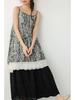 Sweet Mori Girl Lace Camisole Dress: Retro Midi-Length Layered Skirt for Women, Features Dye-Painted Leaf Design, Spring Arrival.