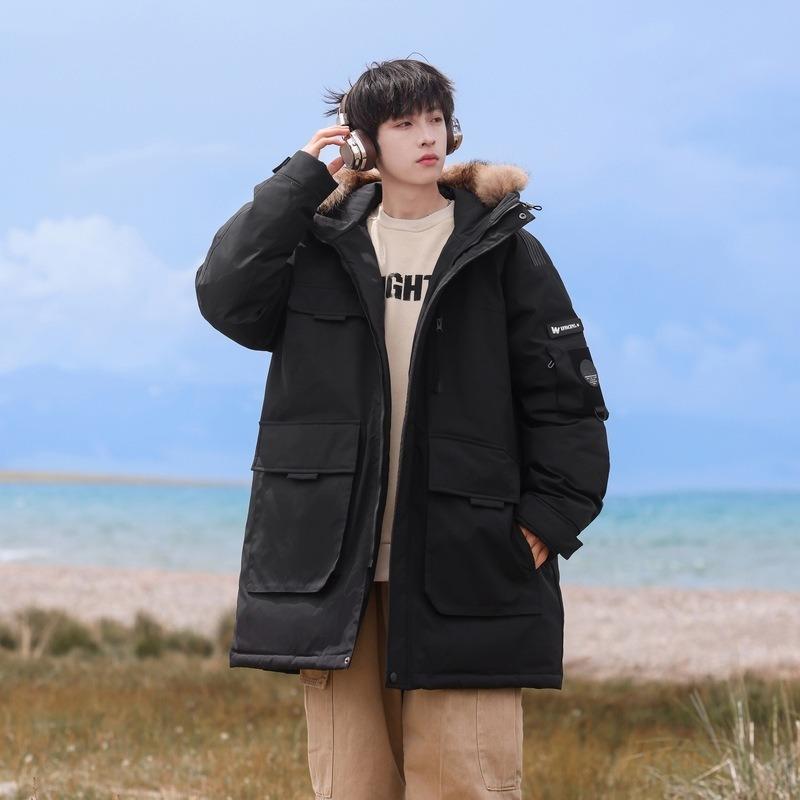 Down jacket hooded trendy fashion medium and long thickened warm couple winter new men's fur collar tooling