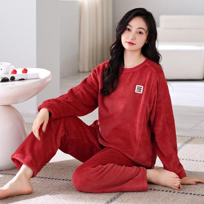 Coral Fleece Pajamas Women'S Autumn And Winter Fleece Thickened Flannel Thermal Round Neck Pullover Loungewear Large Size Set