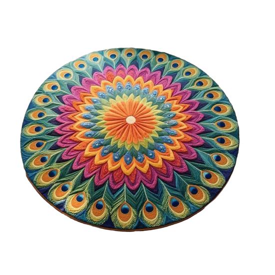 Pfauenfedern Bereichsteppich Rund Pfauenfeder Blume Rutschfeste Bodenmatte Dekorative Wohnzimmerteppich für Schlafzimmer Esszimmer