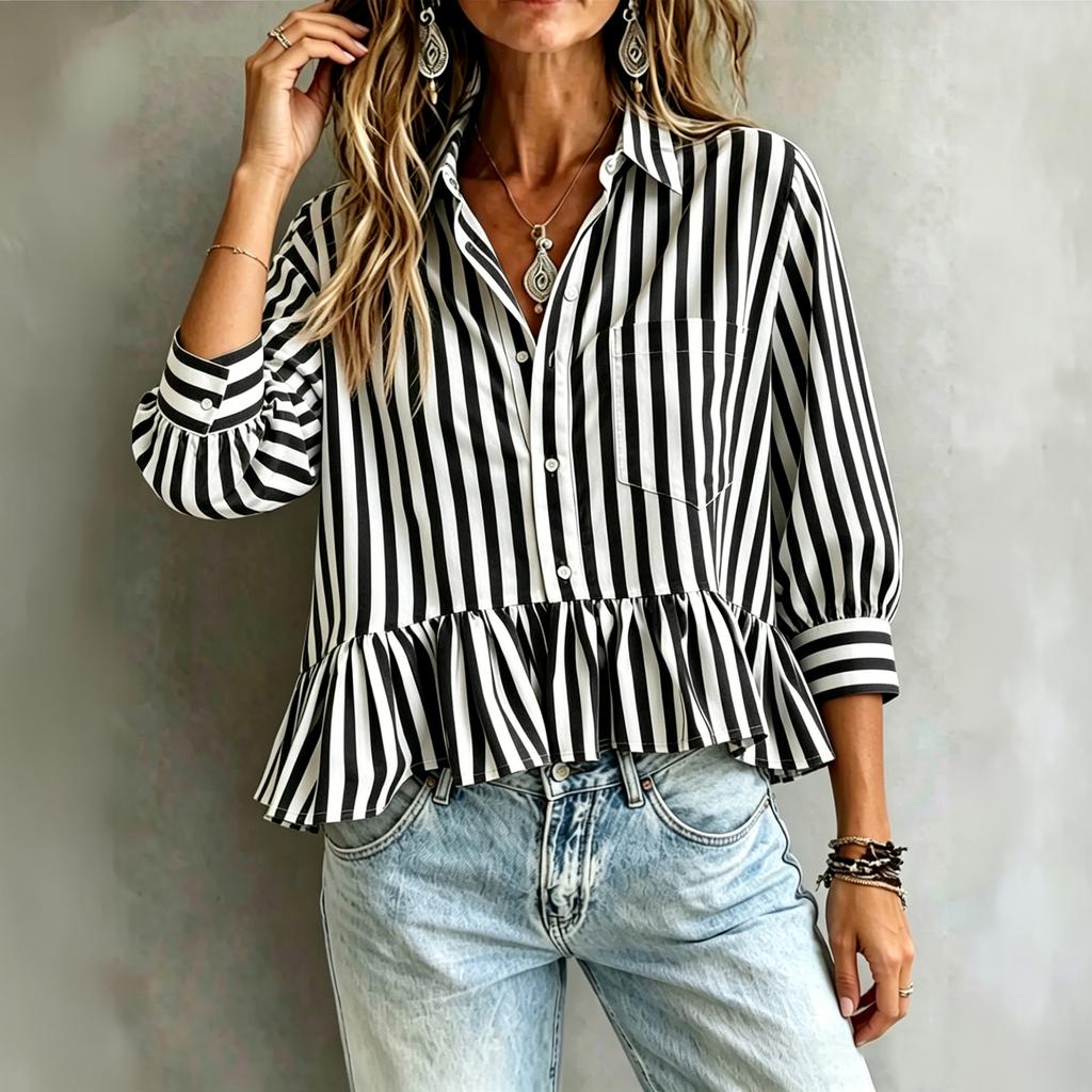 Women's Striped Ruffle Blouse – Fashion Casual 3/4 Sleeve Shirt, Summer Tunic Top