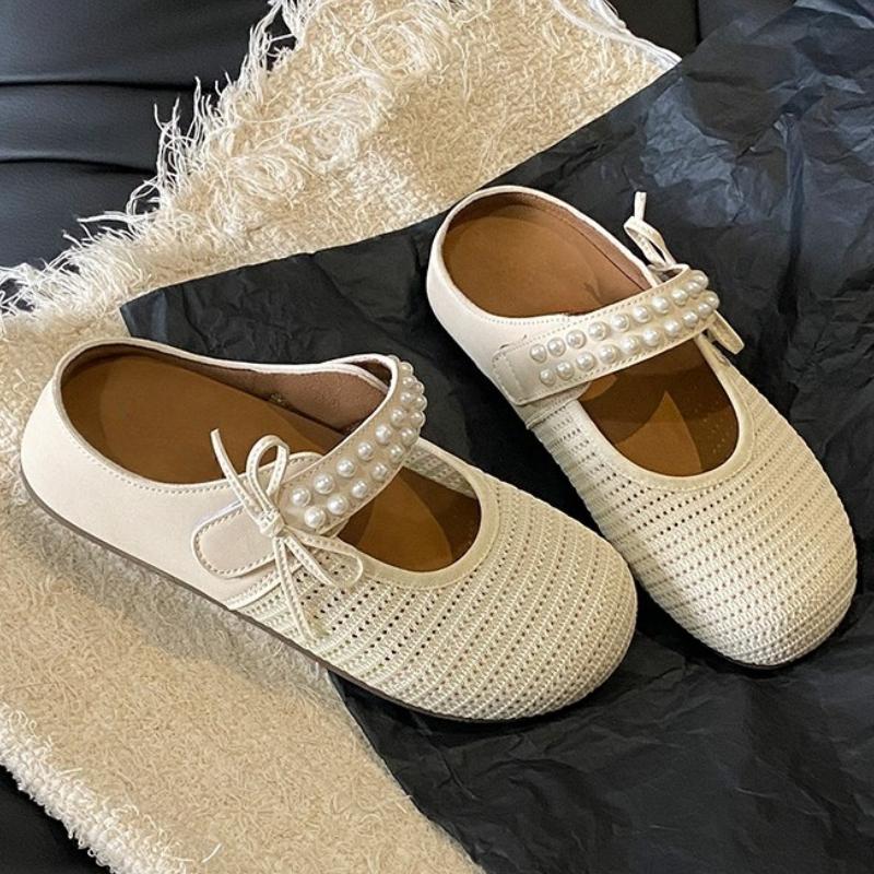 Designer Weave Women's Flats Slippers Bead Bow Mules Shoes Summer Trend 2025 New Shallow Flip Flops Walking Cozy Slides
