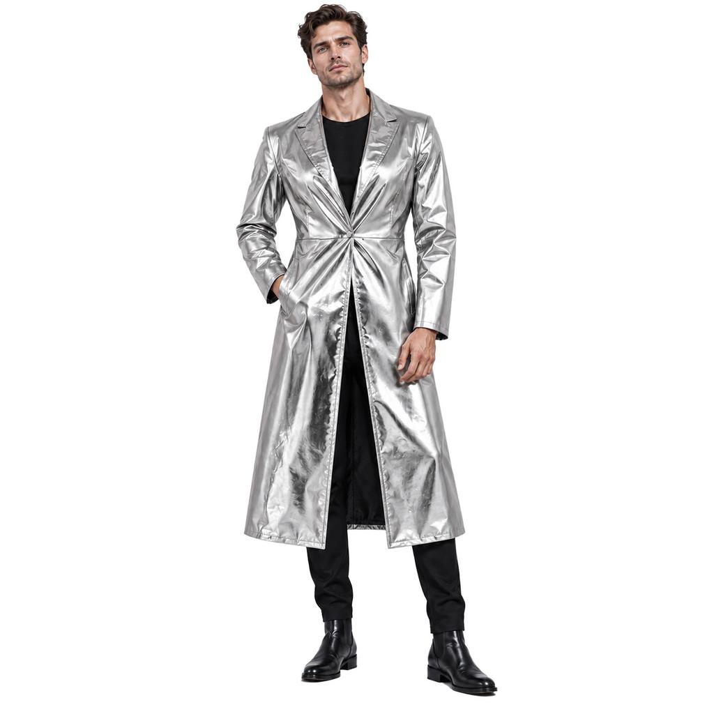 Men Ankle Length Metallic Trench Coat with Turn-down Collar Long Sleeve One Button Closure Jacket for Daily Casual Club Party