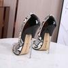 European Style Snake Print Color Block Pointed Toe Metal Thin Stiletto Plus Size Nightclub Women High Heels WZ-A16-6