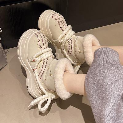 Dicke Sohle Damen Schnürung Pelzige Öffnung Winter Leicht Warm Kälteschutz Gepolsterte Schneestiefel Rutschfest Tragen Lässige Sneaker Baumwollstiefel