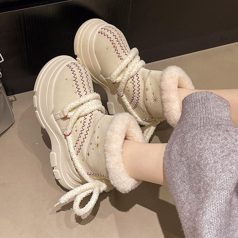 Women's Thick Bottom Lace-up Hairy Mouth Winter Lightweight Warm Anti-cold Padded Snow Boots Non-slip Wear Casual Sneakers Cotton Boots