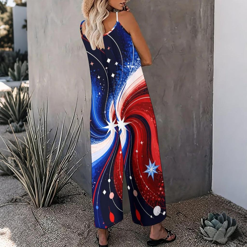 Women Spaghetti Strap Jumpsuit Cosmic Planet Star Patriotic Stripe Print Wide Leg Pants With Pockets