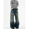 Kisko American High Street Distressed Patch Washed Whiskered Jeans Unisex Trendy Loose Straight Vibe Pants