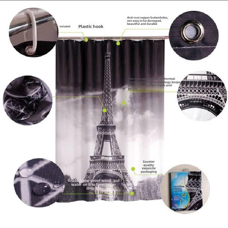 Eiffel Tower Themed Polyester Shower Curtain With Urban Night Scene For Home Improvement