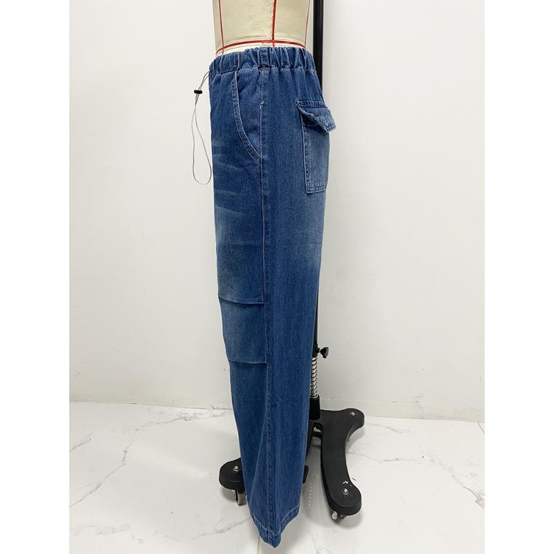 Damen Frühling Neue Mid-Waist Weitbein Kordelzug Locker Jeans Street Retro Gerade Hose