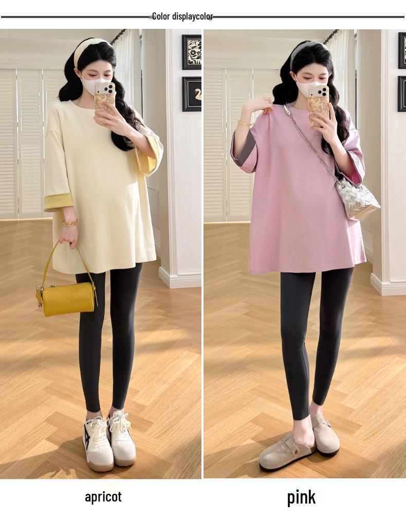 2025 Spring Fashion Plus Size Maternity T-Shirt: Trendy Loose-Fit, Casual, Three-Quarter Sleeve for Moms