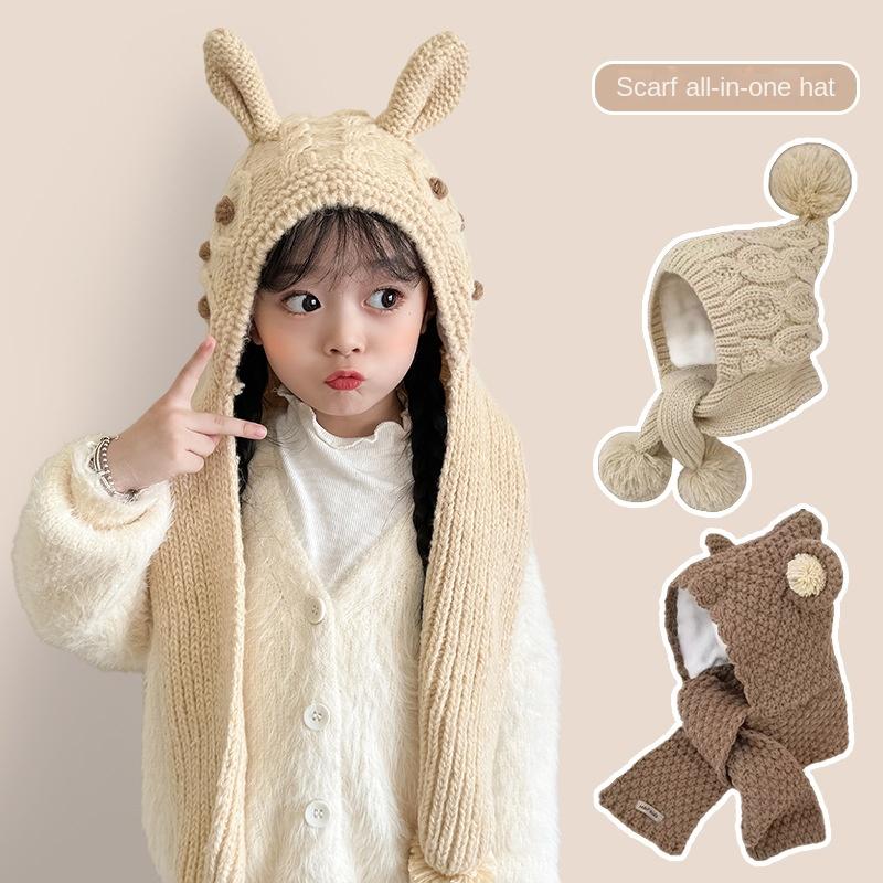 1-5Ychildren's Hat Autumn and Winter Padded Cap Baby Ear Protection Cap One Scarf Hat Warm Boys and Girls Wool Cap