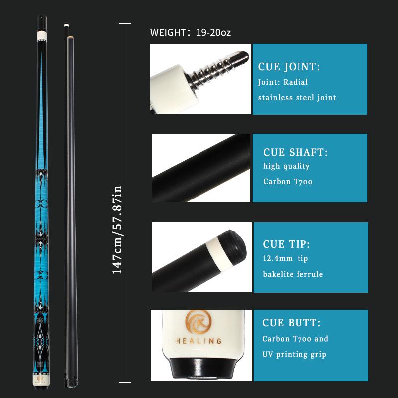 OKHEALING Carbon Fiber Pool Cue Black Technology Billiard Cue Sticks 12.4mm Tip Radial Pin Joint 147cm/58inch Length 19~20oz Weight, Blue