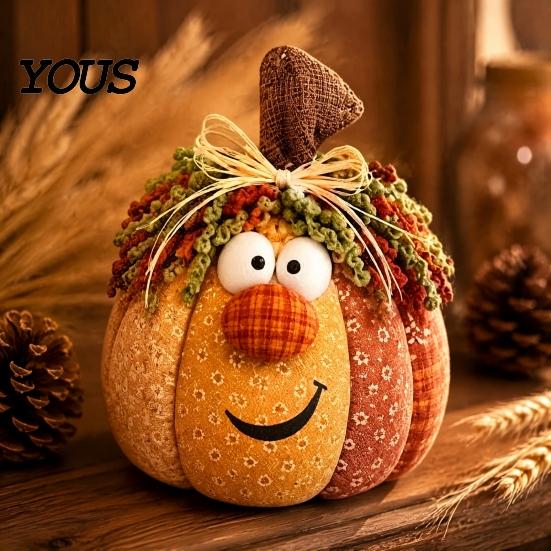 Vintage Fabric Ornaments for Window Display Whimsical Patchwork Pumpkin, Pumpkin Table Decor, Cute Smiling Face Decorative Pumpkins Fireplace