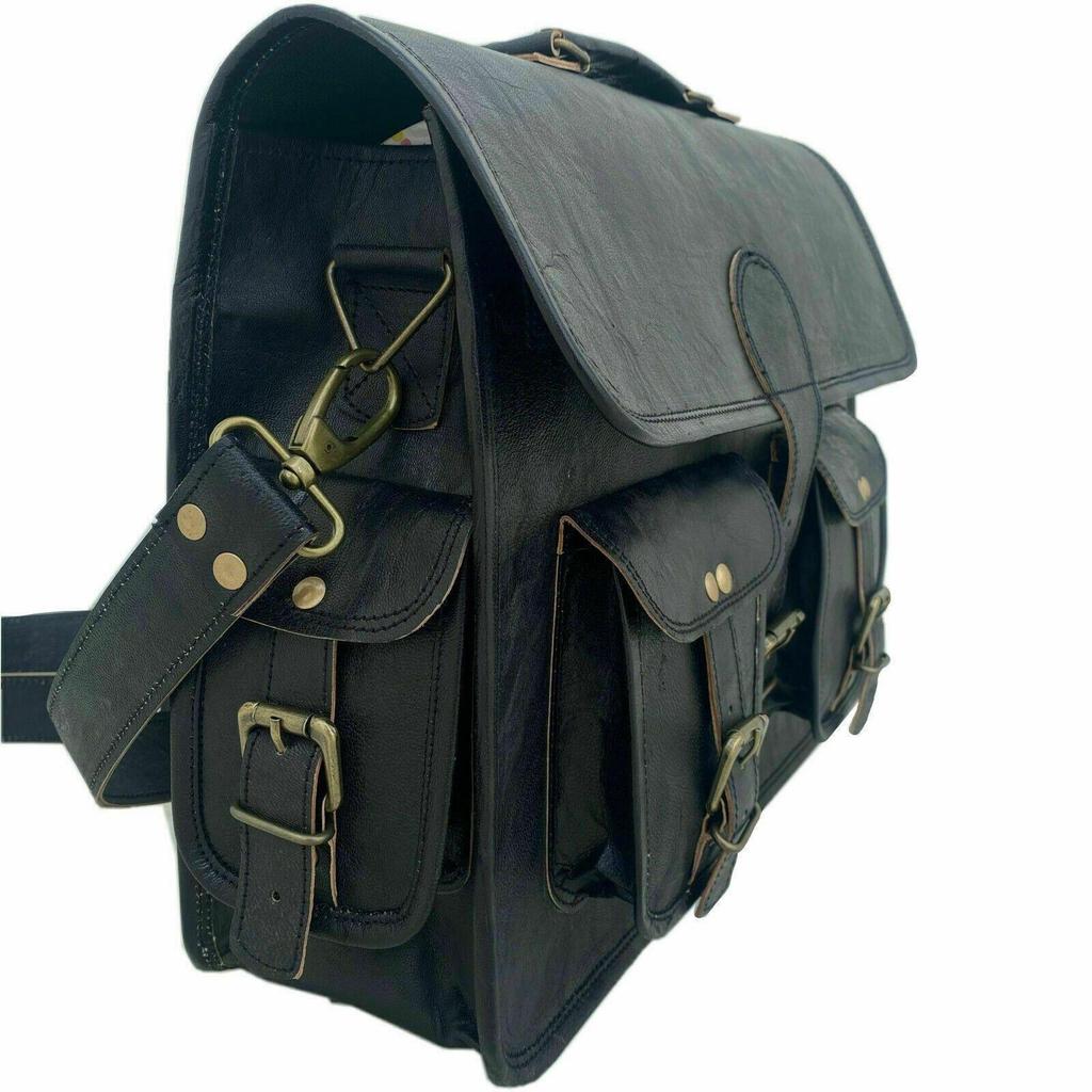 Large Men's Genuine Vintage Black Leather Briefcase Messenger Satchel Laptop Bag