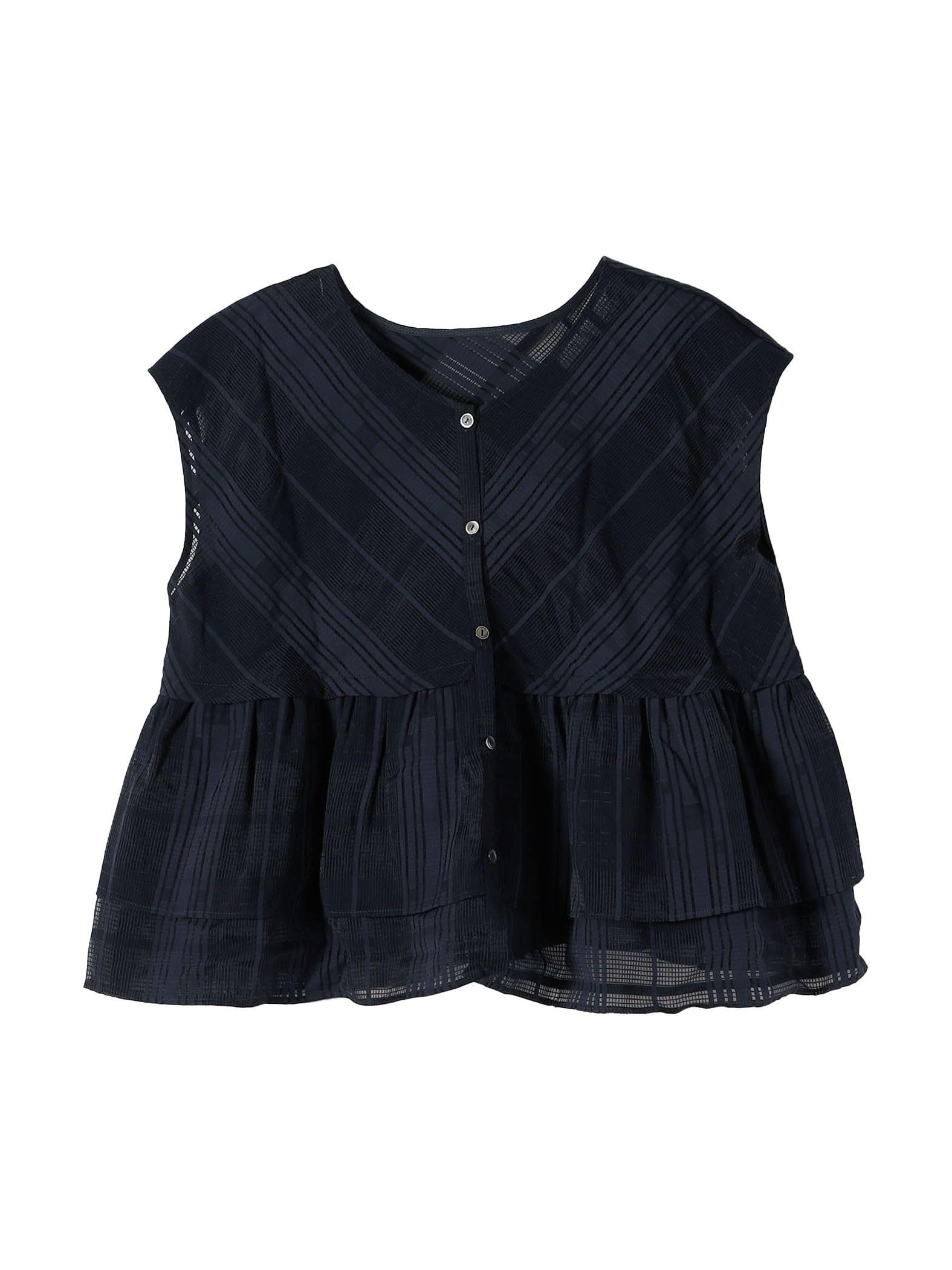 

Ships Any Machine Washable Sheer Check Tiered Peplum 2-Way Blouse 721520063 Navy One Size