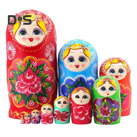 

10 шт. Деревянные матрешки, русские матрешки ручной работы, безопасные для детей, раскрашенные, складывающиеся в стопку, развивающие игрушки для дошкольников, мальчиков и девочек красный