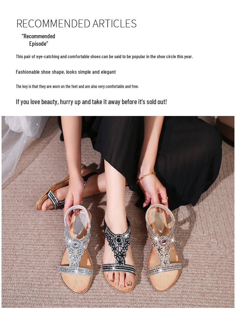 Women's 2025 Spring Rhinestone Bohemian Flat Sandals, Round Toe, Plus Size Available.