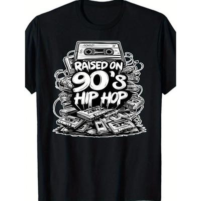 Men's Retro 90s Hip-hop T-shirt Celebrates 90s Hip-hop with Retro Cassette Graffiti Design for Concerts and Daily Wear
