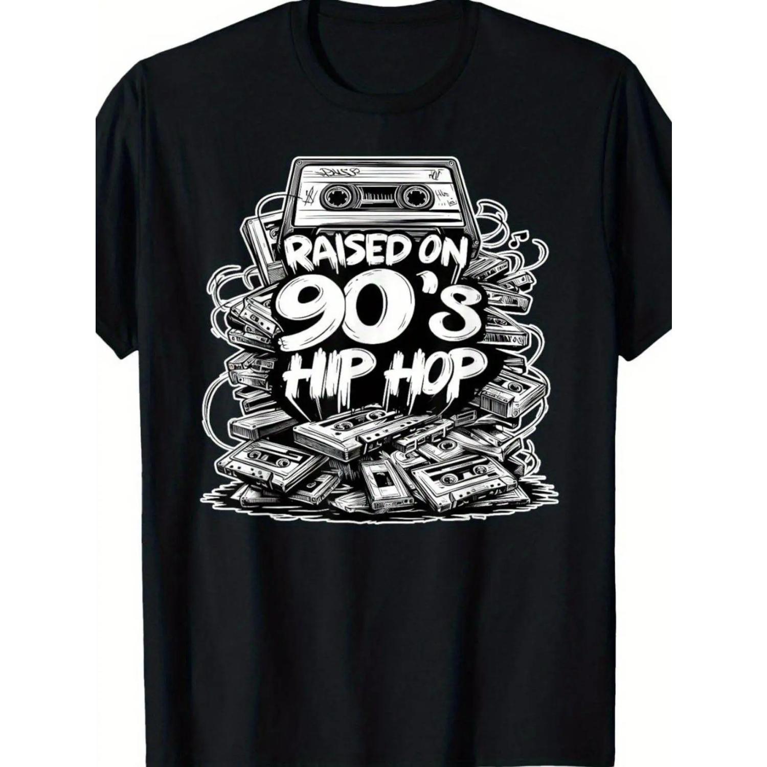 Men s Retro 90s Hip-hop T-shirt Celebrates 90s Hip-hop with Retro Cassette Graffiti Design for Concerts and Daily Wear S чёрный