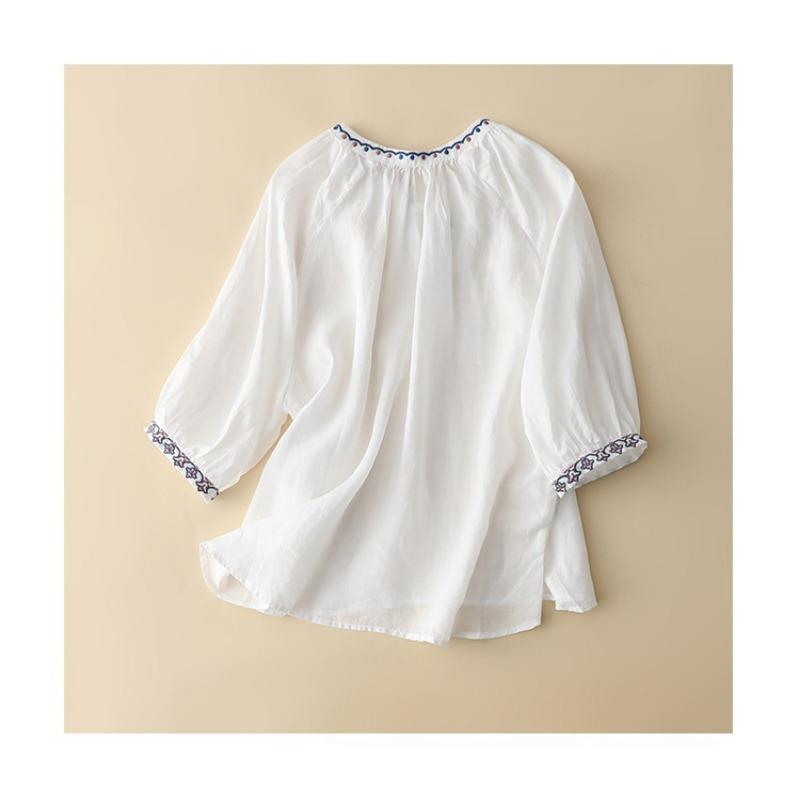New Embroidered V-neck Summer Women Blosue Short Sleeve Loose T-shirt Ladies Sweet Solid Color Lace-up Shirts Office Clothing
