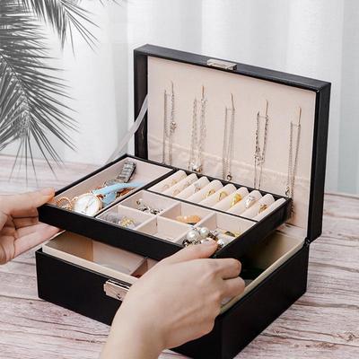 Boîte à bijoux double couche en cuir PU avec serrure - Organisateur pour boucles d'oreilles, bagues et accessoires