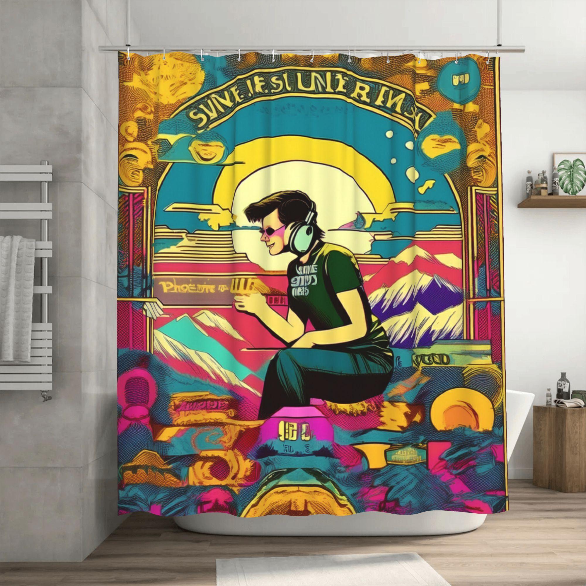 

Vibrant Retro-Futuristic Shower Curtain With Headphones & Mountain Design - Durable Polyester, Machine Washable, Easy Hang Gromm W60H190(CM)-1 Pcs