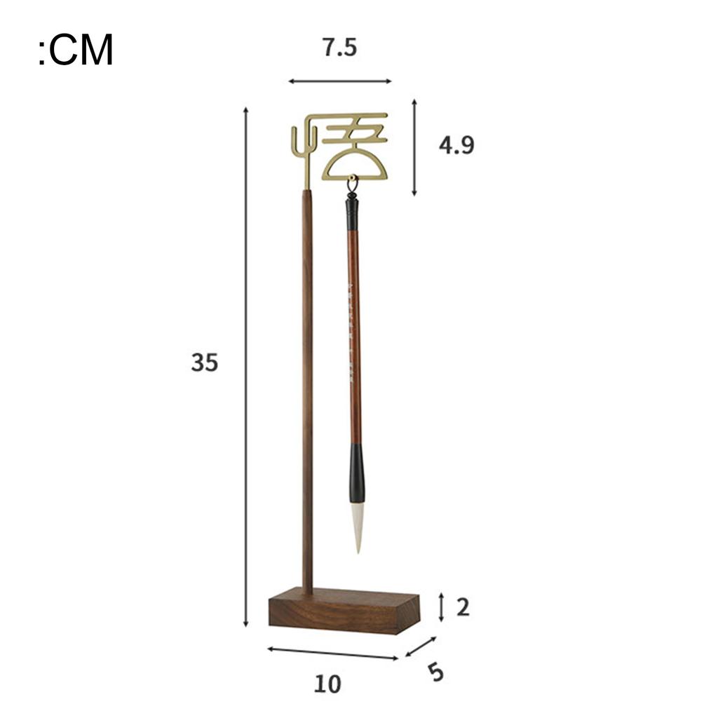 Chinese Wu Brush Pen Holder with Wooden Base Calligraphy Rest Ink Hanger Metal Writing Brush Holder School Stationery