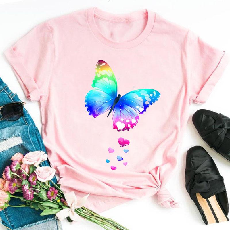 Fashionable Plus Size Color Butterfly Print Simple Base Shirt Loose Fitting Clothes Pure Cotton T-Shirts Women’s