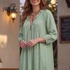 Breathable Women Dresses Bohemian Ruffle V-Neck Long Dress, 3/4 Sleeves Maxi Dress for V Neckline Women, Solid Color Casual Loose Spring Fall