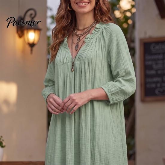 Breathable Women Dresses Bohemian Ruffle V-Neck Long Dress, 3/4 Sleeves Maxi Dress for V Neckline Women, Solid Color Casual Loose Spring Fall