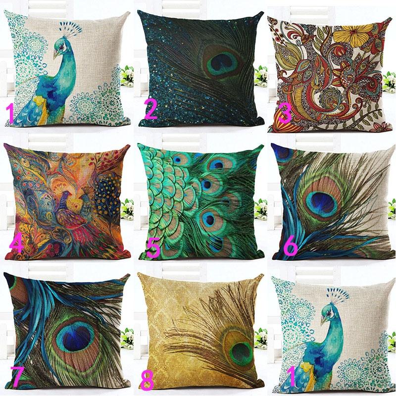 Luxuriöser Kissenbezug aus Leinen in atemberaubendem Pfauendesign für Sofa und Schlafzimmer