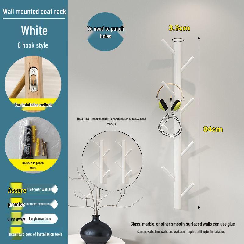 New Solid Wood Punch-Free Wall-Mounted Coat Rack & Clothes Hanger with Creative Behind-the-Door Hooks for Bedroom & Living Room
