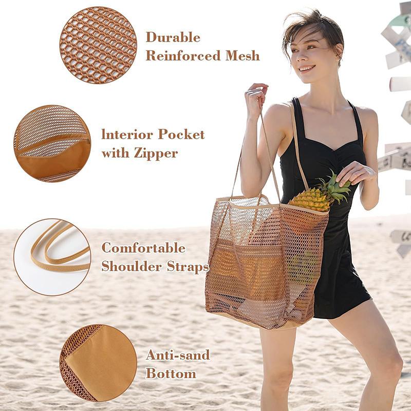 Mesh Beach Bag Large Capacity Simple Travel Shoulder Bag Hollow Handbag Toiletry Swimming Storage Bag for Outdoor Travel